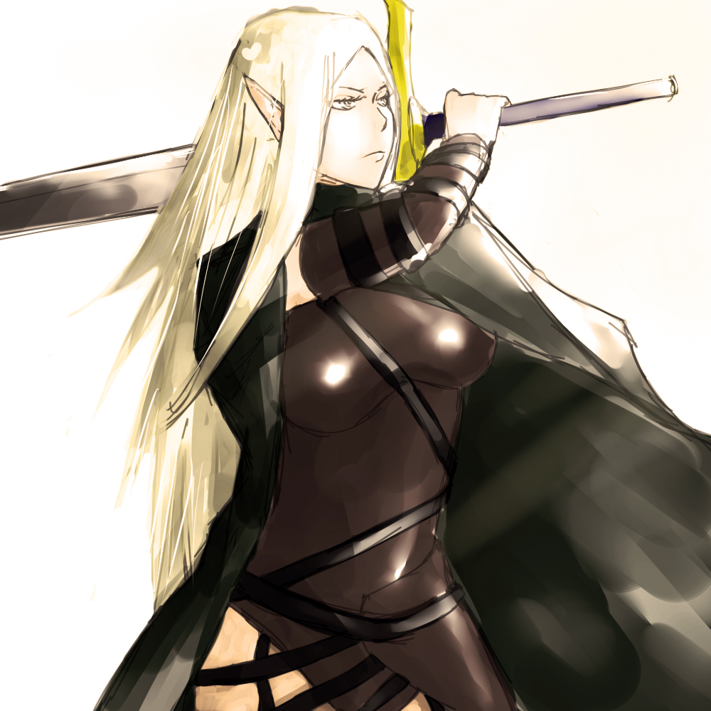 1girl amputee blonde_hair breasts claymore claymore_(sword) irene jacksonso large_breasts pointy_ears solo sword weapon