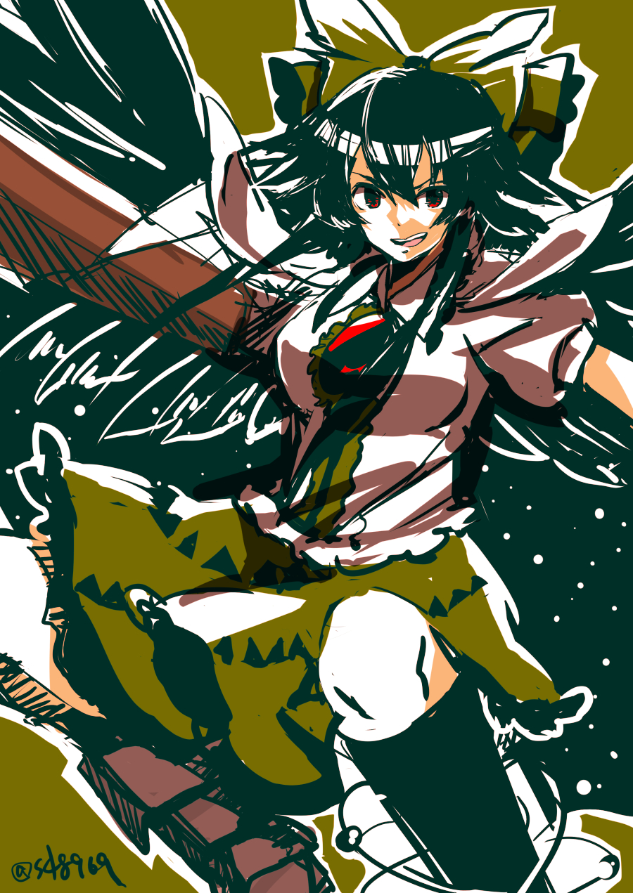 black_hair bow extra_eyes eyes_in_odd_places female green_bow green_skirt hair_bow high_resolution long_hair open_mouth pixiv_id_1024475 red_eyes reiuji_utsuho skirt solo touhou wings