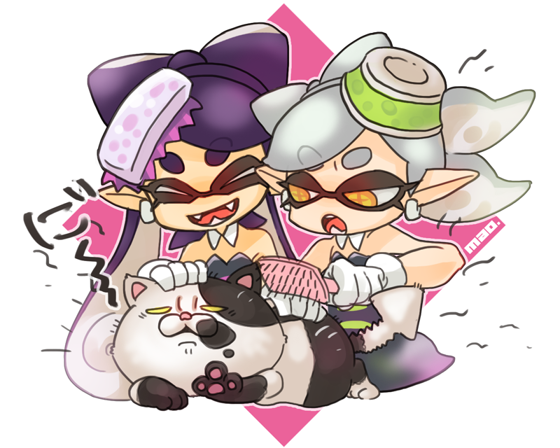 &gt;:d &gt;:o +_+ 2girls :d :o animal aori_(splatoon) artist_name bare_shoulders brush brushing cat detached_collar domino_mask dress earrings eyebrows eyebrows_visible_through_hair fangs food food_on_head gloves hair_rings hand_on_another's_head holding holding_brush hotaru_(splatoon) jajji-kun_(splatoon) jewelry long_hair lying mask multiple_girls no_nose object_on_head on_stomach open_mouth orange_eyes outline pointy_ears purple_hair reaching_out short_eyebrows short_hair silver_hair smile splatoon strapless_dress sushi symbol-shaped_pupils tentacle_hair thick_eyebrows white_gloves