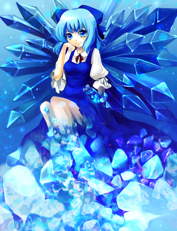1girl blue_eyes blue_hair bow cirno elbow_rest frozen hair_bow ice ice_wings ringpearl solo touhou wings