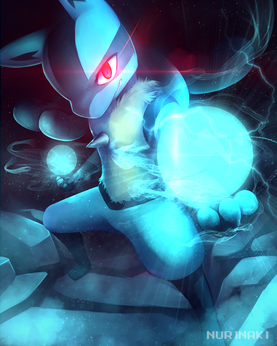 artist_name blue glowing glowing_eyes high_resolution lucario no_humans pixiv_id_1964583 png_conversion pokemon pokemon_species solo text