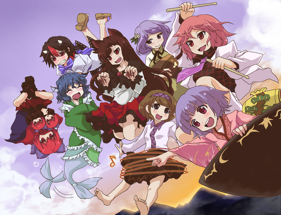 6+girls :d akuto animal_ears barefoot bowl brown_hair cape double_dealing_character dress drumsticks fang fingernails flower frilled_kimono frills hair_flower hair_ornament hairband head_fins horikawa_raiko horns imaizumi_kagerou jacket japanese_clothes kijin_seija kimono lavender_hair long_hair mermaid miracle_mallet monster_girl multicolored_hair multiple_girls musical_note no_hat open_mouth red_eyes redhead sekibanki sharp_fingernails shirt short_hair skirt smile streaked_hair sukuna_shinmyoumaru tail tail_wagging touhou tsukumo_benben tsukumo_yatsuhashi wakasagihime wolf_ears