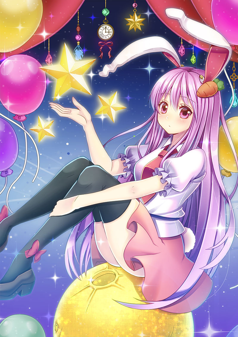 1girl balloon long_hair purple_hair rabbit_ears reisen_udongein_inaba school_uniform solo stars tail thighhighs touhou violet_eyes yuuka_nonoko