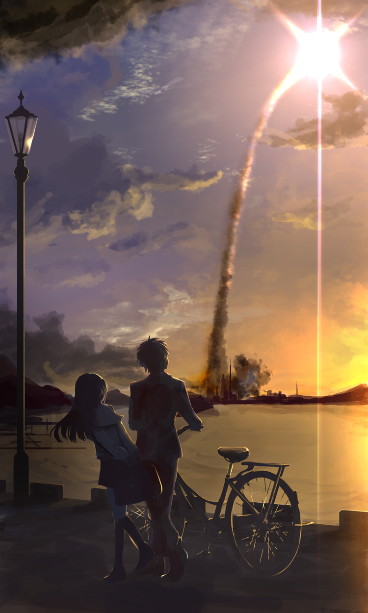 1boy 1girl bicycle clouds highres kouji_(astral_reverie) lamppost long_hair original rocket school_uniform sky smoke_trail twilight