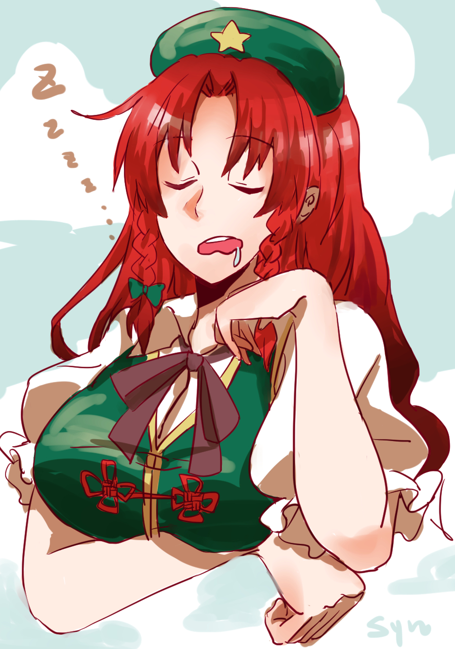 braid closed_eyes female hat high_resolution hong_meiling long_hair open_mouth pixiv_id_1024475 redhead sleeping solo star_(symbol) touhou