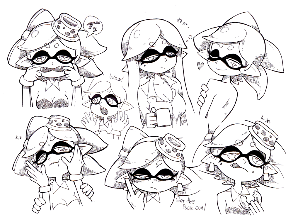 1girl ;) alternate_hairstyle aori_(splatoon) breasts cheek_squash cleavage detached_collar domino_mask doughnut earrings english food hair_down hands_on_another's_cheeks hands_on_another's_face headwear_removed heart hotaru_(splatoon) jewelry long_hair looking_back mask middle_finger mole mole_under_eye monochrome object_on_head one_eye_closed pointy_ears profanity short_hair simple_background smile splatoon symbol-shaped_pupils tongue tongue_out upper_body white_background yuta_agc