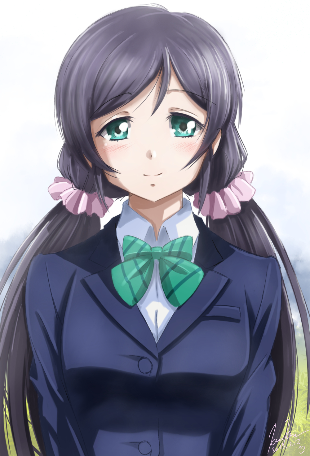 1girl green_eyes highres kem_kem long_hair looking_at_viewer love_live!_school_idol_project purple_hair school_uniform smile solo toujou_nozomi twintails