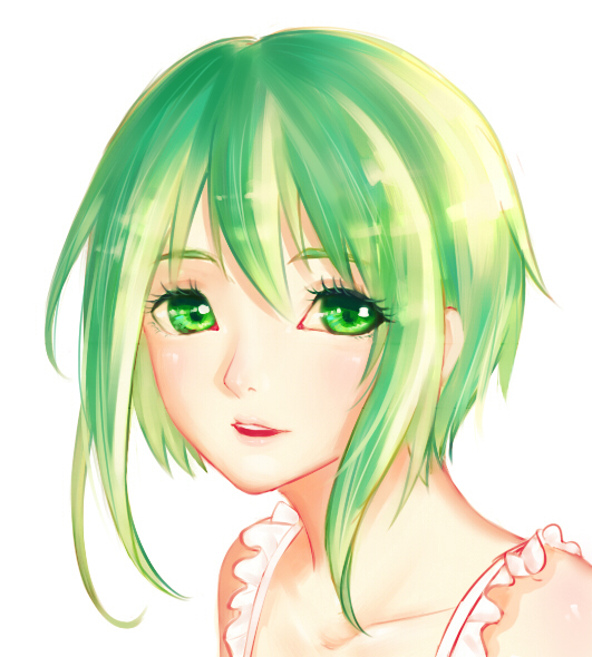 1girl bare_shoulders green_eyes green_hair gumi looking_at_viewer short_hair sleeveless smile solo vocaloid
