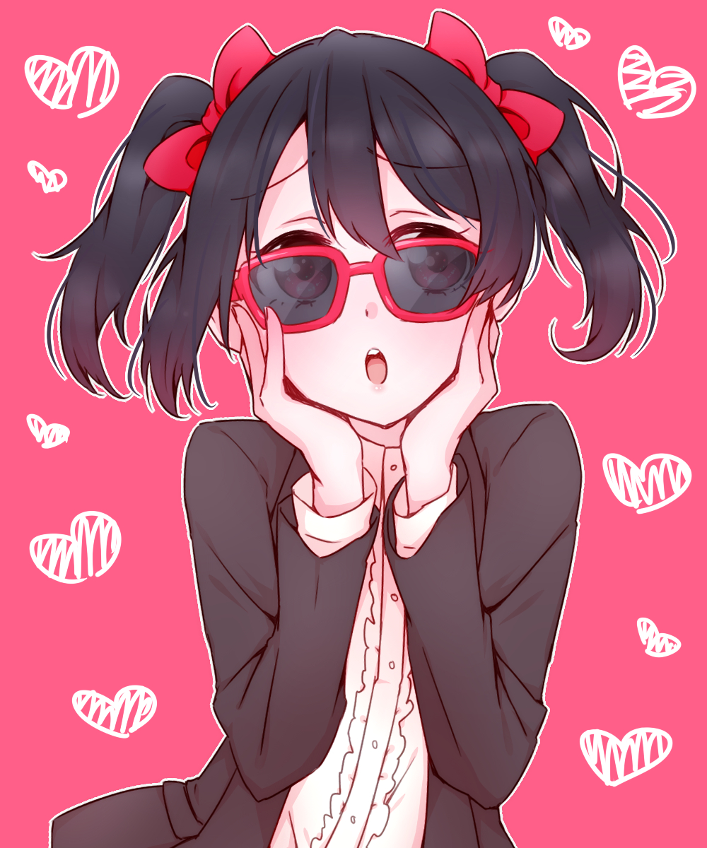 black_hair bow female hair_bow hand_on_cheek hand_on_head heart heart_background high_resolution long_sleeves love_live!_school_idol_project glasses open_mouth pink_background pixiv_id_11715047 png_conversion red-framed_glasses red_bow simple_background solo sunglasses twintails yazawa_nico