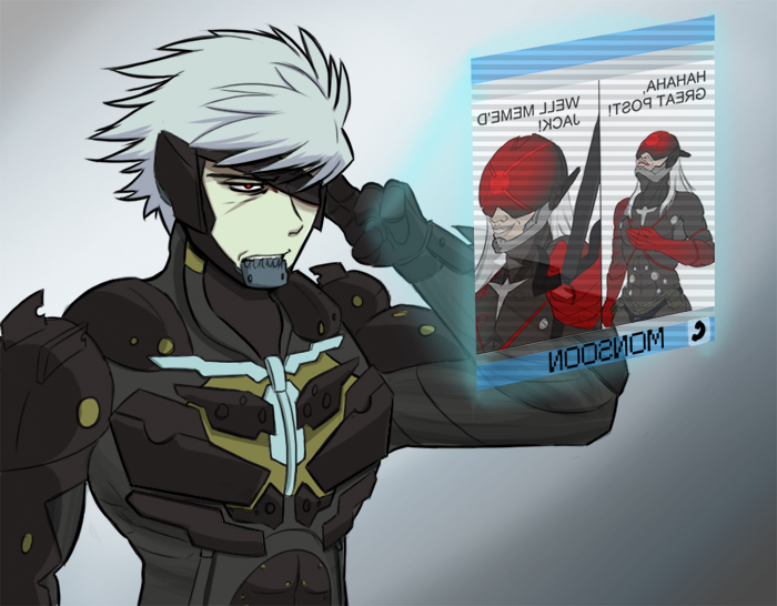 2boys 4chan cyborg eyepatch holographic_monitor long_hair meme metal_breakdown metal_gear_(series) metal_gear_rising:_revengeance monsoon_(metal_gear_rising) multiple_boys raiden red_eyes sai_(weapon) silver_hair solo_focus white_hair