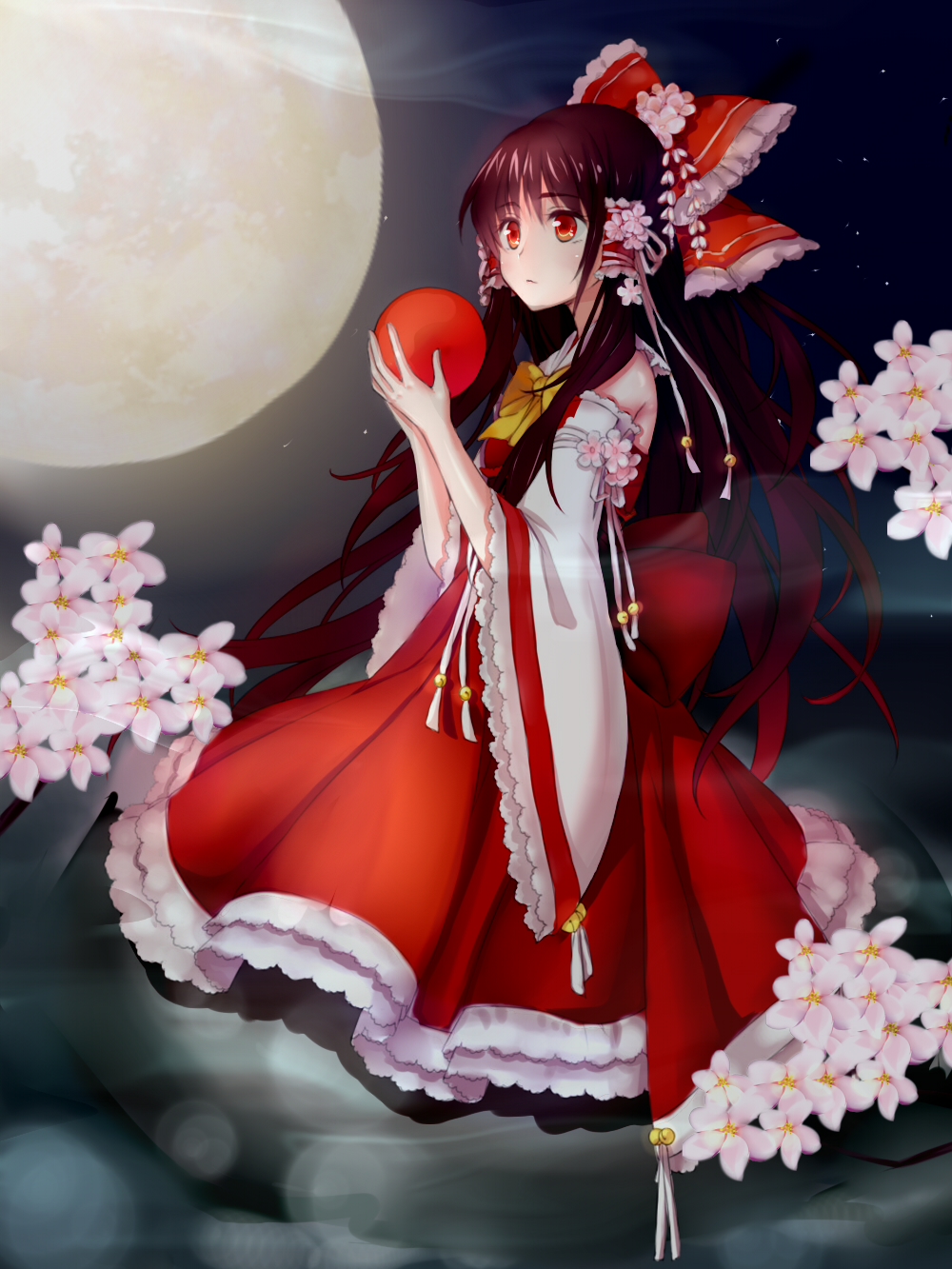 1girl ascot ball bell bow brown_hair cherry_blossoms detached_sleeves embellished_costume flower full_body full_moon hair_bow hair_flower hair_ornament hair_tubes hakurei_reimu highres holding jingle_bell lace-trimmed_dress long_hair moon night night_sky outdoors seven_zhu_bing_yi sitting sky solo touhou