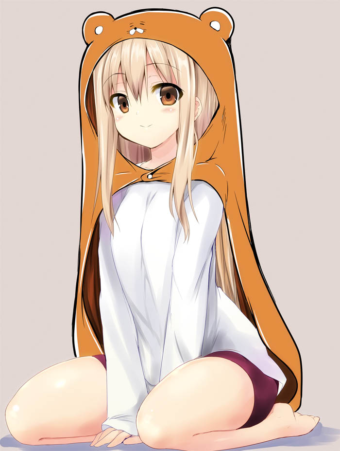 1girl bear_hood between_legs blonde_hair blush brown_eyes doma_umaru himouto!_umaru-chan hood looking_at_viewer sen_(astronomy) simple_background sitting smile solo