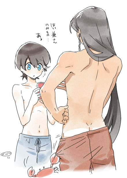 2boys :o blue_eyes crab from_behind horikawa_kunihiro izumi-no-kami_kanesada long_hair male_focus mizuhara_aki multiple_boys navel shirtless short_hair touken_ranbu translation_request white_background