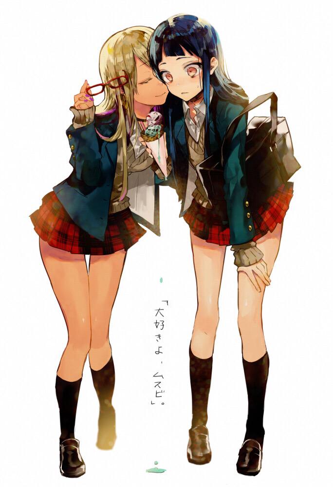 2girls alessandra_susu bag black_legwear blue_hair closed_eyes food full_body glasses glasses_removed holding holding_glasses ice_cream ice_cream_cone kneehighs long_hair multiple_girls nozaki_tsubata plaid plaid_skirt school_bag school_uniform simple_background skirt standing sweater tendouji_musubi tokyo_7th_sisters tokyo_sky_tree whispering white_background yellow_eyes