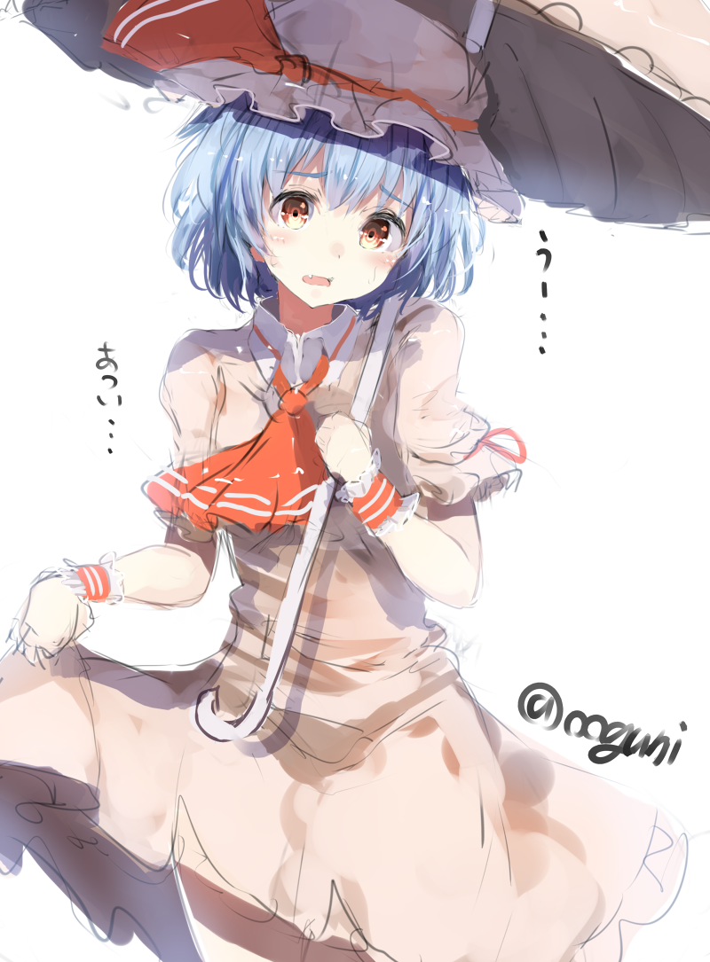 1girl ascot blue_hair blush colored dress dress_lift fang hat hat_ribbon looking_at_viewer mob_cap open_mouth parasol pink_dress puffy_sleeves remilia_scarlet ribbon short_hair short_sleeves simple_background sketch solo sweatdrop text touhou twitter_username umbrella white_background wowoguni wrist_cuffs