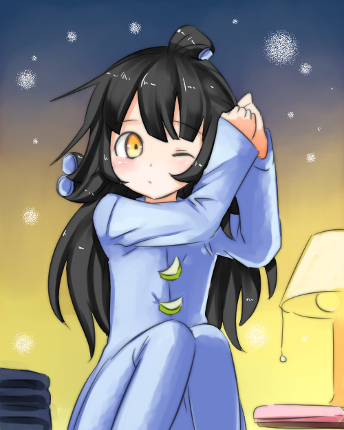 anthropomorphization black_hair blush kantai_collection long_hair mikazuki one_eye_closed pajamas ude wink yellow_eyes