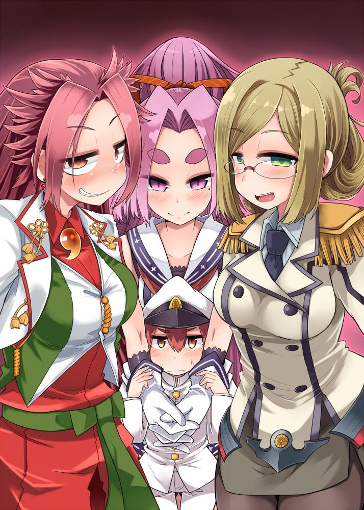 1boy 3girls admiral_(kantai_collection) amagaeru_(hylathewet) bangs blouse blush breasts collared_shirt double-breasted dress_shirt epaulettes eyebrows folded_ponytail glasses gloves green_eyes hair_ornament hair_ribbon hat hatsuharu_(kantai_collection) hug hug_from_behind imperial_japanese_navy jacket japanese_clothes jun'you_(kantai_collection) kantai_collection katori_(kantai_collection) large_breasts long_hair looking_at_viewer magatama military military_uniform mole mole_under_eye multiple_girls necktie open_mouth pantyhose parted_bangs pink_hair ponytail purple_hair remodel_(kantai_collection) ribbon rimless_glasses sailor_dress school_uniform shirt short_eyebrows short_hair shota shota_admiral_(kantai_collection) skirt smile spiky_hair uniform v_arms very_long_hair vest violet_eyes white_gloves