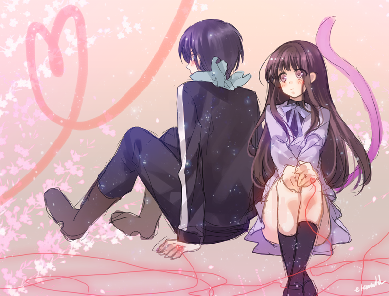 black_hair blush boots brown_hair elemental iki_hiyori long_hair noragami school_uniform short_hair tail violet_eyes yato