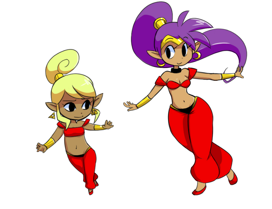 2girls bandeau black_eyes blonde_hair bracer cosplay crossed_legs crossover dancing dark_skin earrings full_body harem_pants height_difference high_ponytail hoop_earrings jewelry long_hair metal_breakdown multiple_girls navel pants payot pointy_ears purple_hair shantae shantae_(character) shantae_(cosplay) small_breasts standing tetra the_legend_of_zelda tiara triforce very_long_hair wind_waker