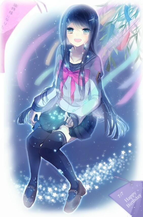 1girl blue_eyes blue_hair blue_legwear blue_skirt crying crying_with_eyes_open dangan_ronpa dangan_ronpa_1 hair_ornament hairclip happy_birthday long_hair long_sleeves looking_at_viewer maizono_sayaka ringoro school_uniform serafuku skirt solo tanabata tanzaku tears thigh-highs