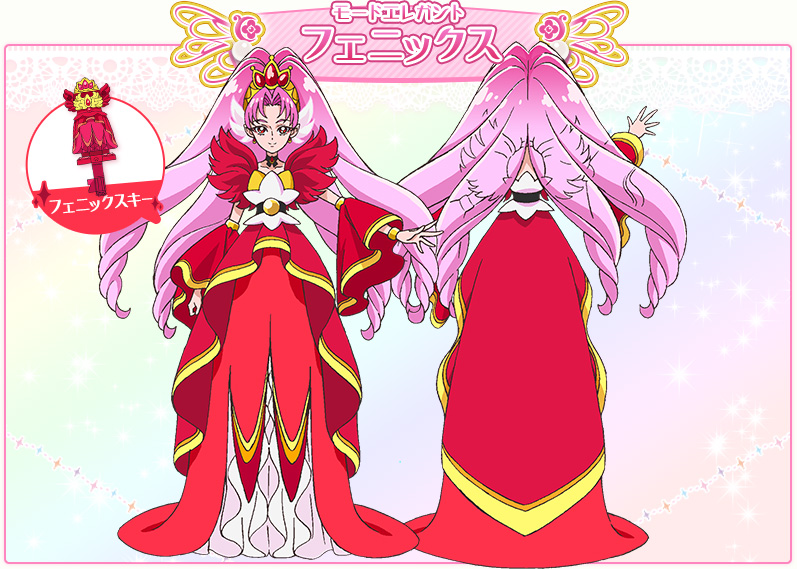 alternative_costume back cure_scarlet dress earrings female go!_princess_precure gown jewelry long_hair looking_at_viewer magical_girl nakatani_yukiko official_art piercing pink_hair pointed_ears precure red_eyes ringlets smile solo standing towa_(pretty_cure)