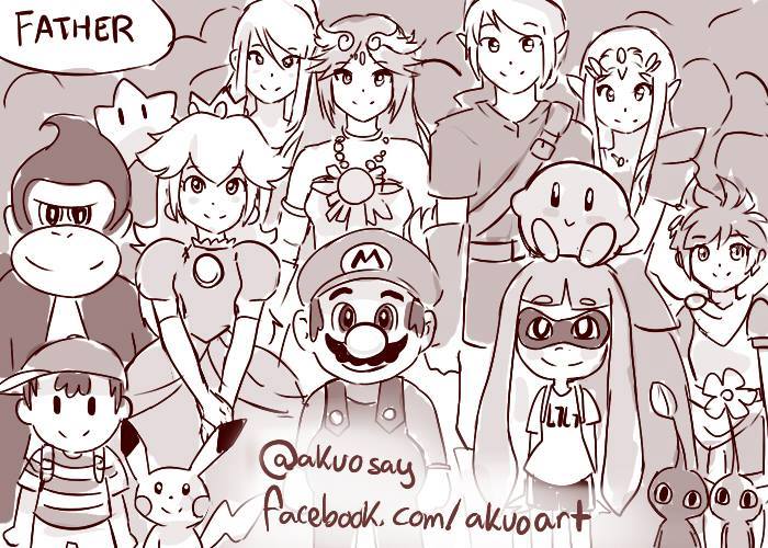 4boys 5girls akuosay chiko_(mario) donkey_kong donkey_kong_(series) facial_hair hair_ornament inkling iwata_satoru jewelry kid_icarus kirby kirby_(series) link long_dress long_hair mario super_mario_bros. mask metroid mother_(game) mother_2 multiple_boys multiple_girls mustache ness overalls palutena party pikachu pikmin pikmin_(creature) pit_(kid_icarus) pokemon princess_peach princess_zelda samus_aran splatoon super_mario_bros. super_mario_galaxy the_legend_of_zelda tiara