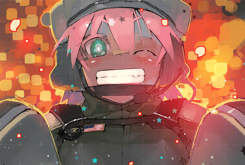 1girl ;d american_flag battlefield_4 green_eyes grin looking_at_viewer microphone namaniku_atk one_eye_closed open_mouth pink_hair smile solo teeth