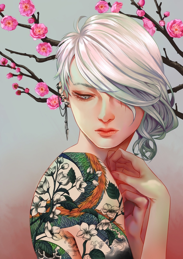 cherry_blossom female flower hand_on_chest jounetsunoakai looking_ahead looking_down medium_hair original short_hair solo tattoo white_hair