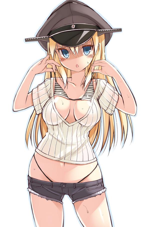 1girl bikini bikini_lift bikini_under_clothes bismarck_(kantai_collection) blonde_hair blue_eyes blush bra breasts chestnut_mouth commentary_request hat kantai_collection large_breasts long_hair looking_at_viewer navel no_legwear oota_yuuichi open_mouth peaked_cap short_shorts shorts simple_background solo solo_focus striped striped_bikini striped_bra striped_swimsuit sweat sweater swimsuit swimsuit_under_clothes thong underwear v-neck very_long_hair white_background
