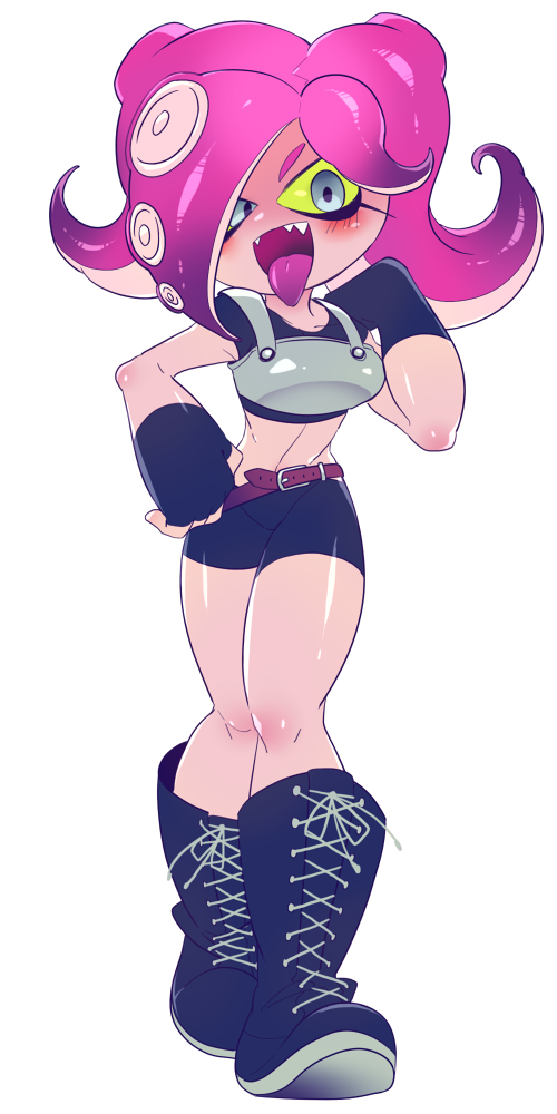1girl :d :p abs belt bike_shorts blue_eyes blush boots fangs fingerless_gloves gloves green_sclera hand_on_hip hand_on_shoulder midriff open_mouth purple_hair sizma smile splatoon takozonesu tank_top tentacle_hair tongue tongue_out