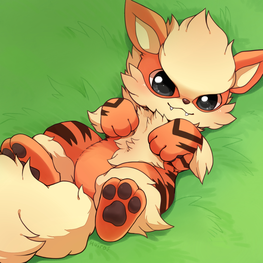 1:1_aspect_ratio arcanine artist_name fangs fur grass laying_on_grass lying no_humans on_back paws pixiv_id_763010 png_conversion pokemon pokemon_species solo tail text