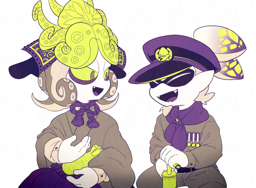 2boys armor bags_under_eyes commander_atarime dj_takowasa facial_hair fangs goatee green_eyes green_sclera hat helmet japanese_armor japanese_clothes kabuto looking_at_another medal military military_hat military_uniform monochrome multiple_boys ponytail scarf sea_anemone simple_background sizma smile splatoon spot_color tentacle_hair uniform white_background younger