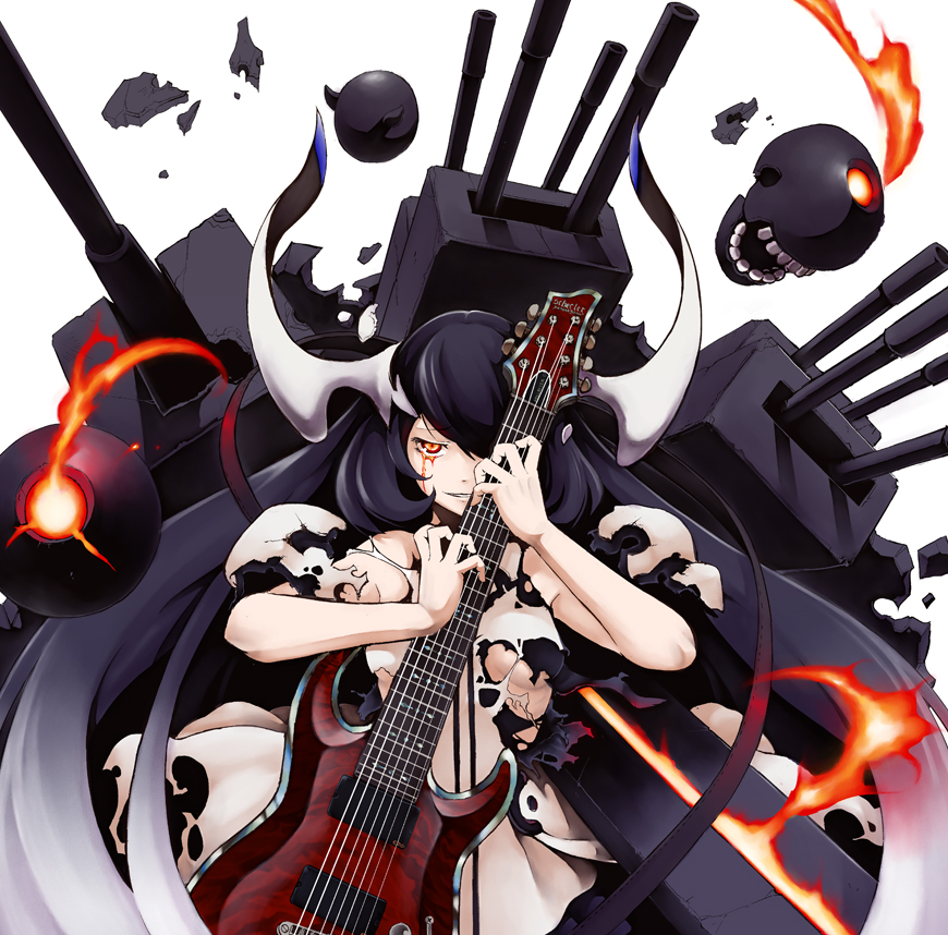 1girl anchorage_water_oni bare_shoulders black_hair breasts burnt_clothes cannon dress electric_guitar enemy_aircraft_(kantai_collection) guitar horns instrument kantai_collection long_hair overskirt pale_skin pectong red_eyes shinkaisei-kan solo turret very_long_hair white_dress white_skin