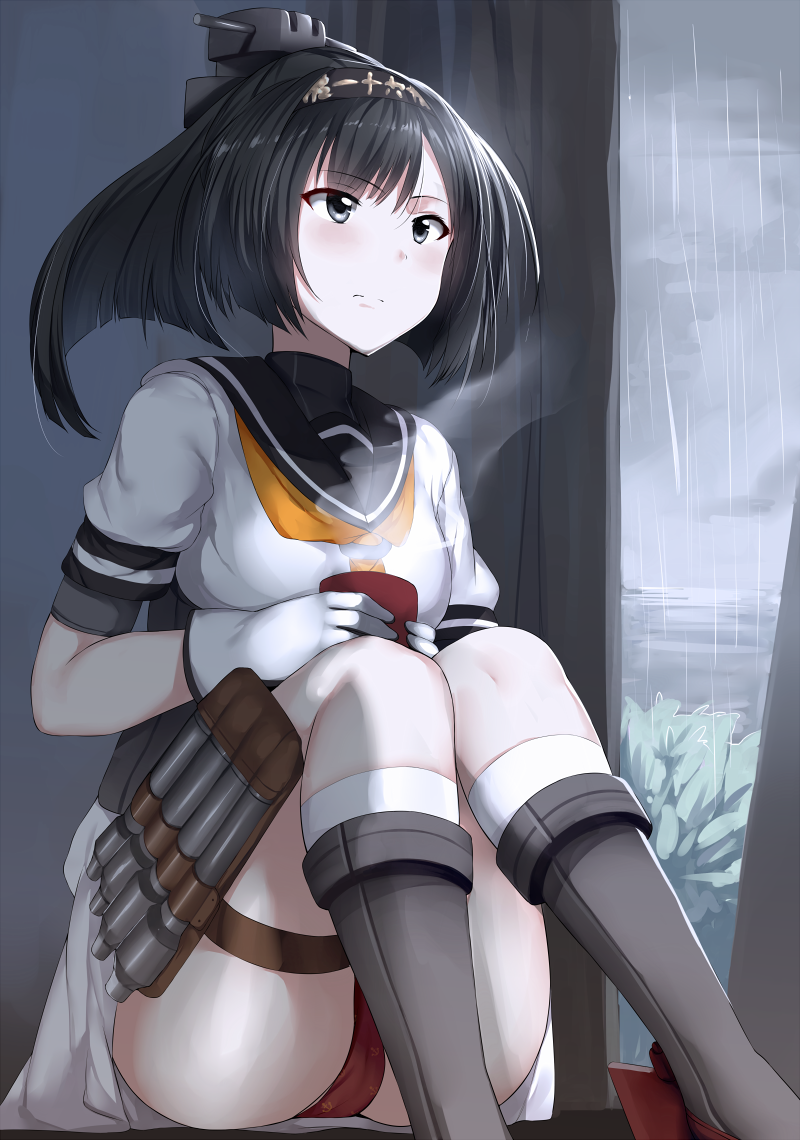 1girl akizuki_(kantai_collection) black_hair boots cup gloves headband hews_hack kantai_collection mug panties pantyshot pantyshot_(sitting) ponytail school_uniform serafuku sitting skirt solo steam underwear