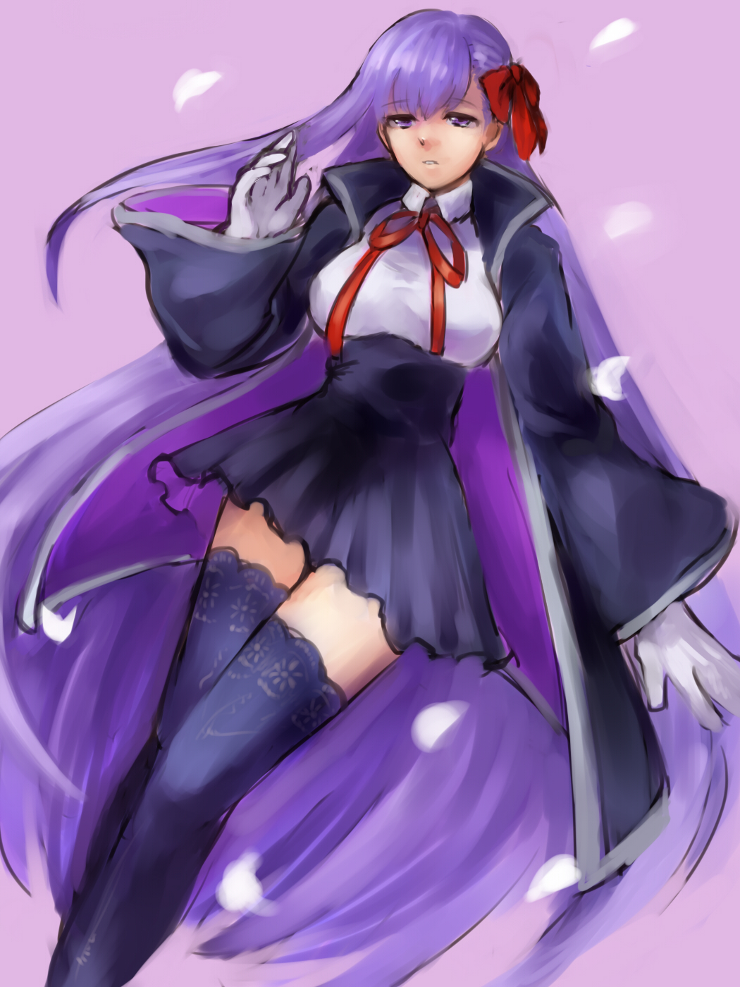 breasts cherry_blossom fate/extra fate_(series) gloves high_resolution huge_breasts jacket long_hair mamehiyo purple_hair ribbon skirt thigh-highs violet_eyes