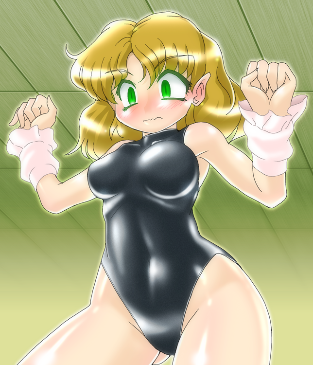 1girl blonde_hair green_eyes mizuhashi_parsee one-piece_swimsuit pointy_ears short_hair standing swimsuit touhou wavy_mouth winn