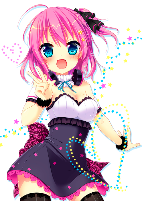 blue_eyes breasts cleavage female heart original pink_hair pixiv_id_1612914 png_conversion solo star_(symbol) v
