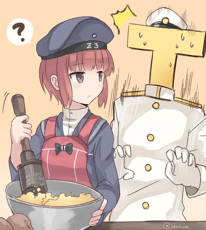 1boy 1girl ? admiral_(kantai_collection) apron auburn_hair beret bowl brown_eyes brown_hair clothes_writing commentary_request explosive gloves grenade hat ido_(teketeke) kantai_collection long_sleeves looking_back military military_uniform naval_uniform peaked_cap potato sailor_collar sailor_dress sailor_hat scared short_hair simple_background spoken_question_mark surprised sweat t-head_admiral twitter_username uniform weapon white_gloves yellow_background z3_max_schultz_(kantai_collection)