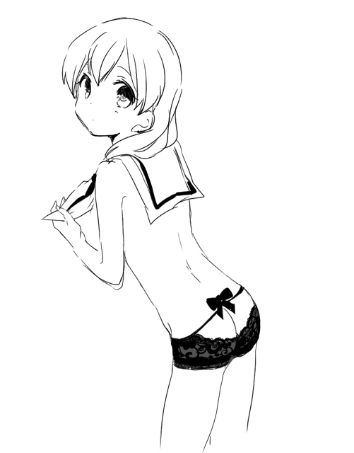 1boy ass from_behind inazuma_eleven inazuma_eleven_(series) lingerie long_hair looking_at_viewer looking_back male_focus miyasaka_ryou monochrome simple_background solo tomo_(sjim) underwear underwear_only white_background