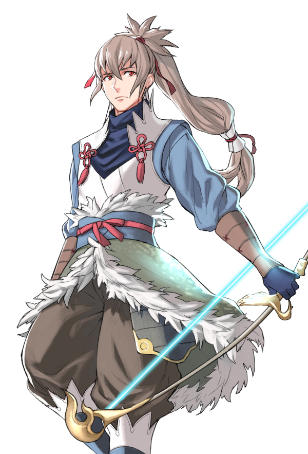 1boy bow_(weapon) brown_hair fire_emblem fire_emblem_if gloves long_hair minato_(robin) ponytail red_eyes solo takumi_(fire_emblem_if) weapon white_background