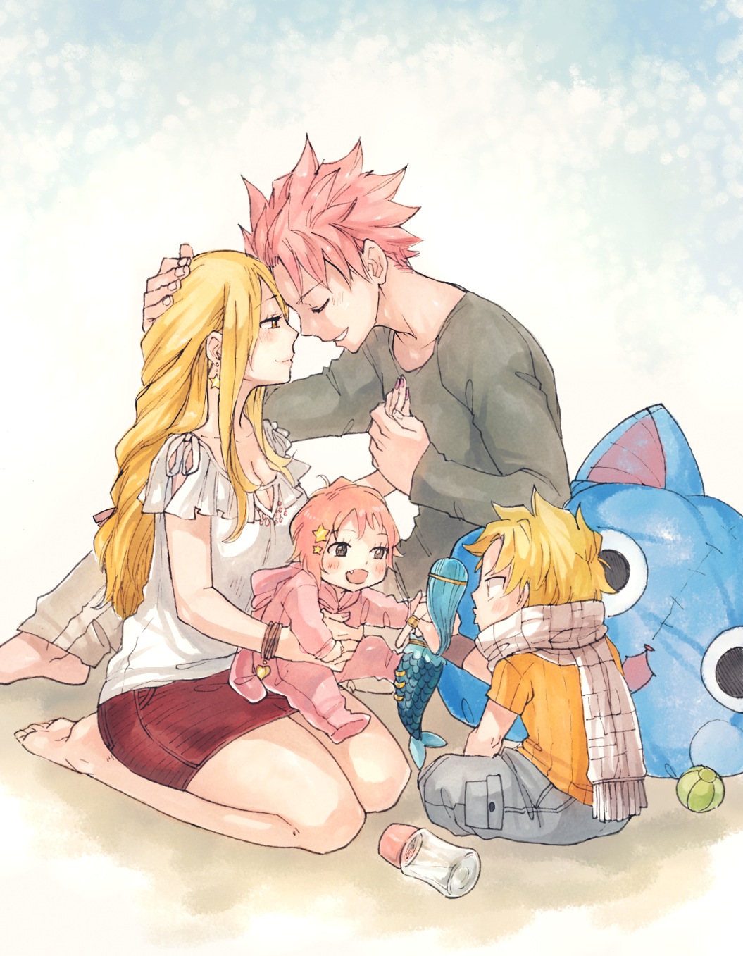 aquarius barefoot blonde blush brown_eyes child couple doll fairy_tail fang feet group hair_ornament hairpin happy high_resolution jewelry long_hair lucy_heartfilia nail_polish natsu_dragneel pants pillow pink_hair rusky scarf short_hair skirt smile stars