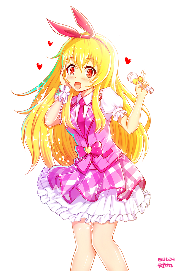 aikatsu! blonde blush bow female hair_bow hand_on_cheek hand_on_head hoshimiya_ichigo light_background long_hair microphone pink_outerwear pink_shirt pink_vest png_conversion puffy_sleeves ratio_(ratio-d) red_bow red_eyes shirt short_sleeves simple_background solo standing vest white_background white_shirt