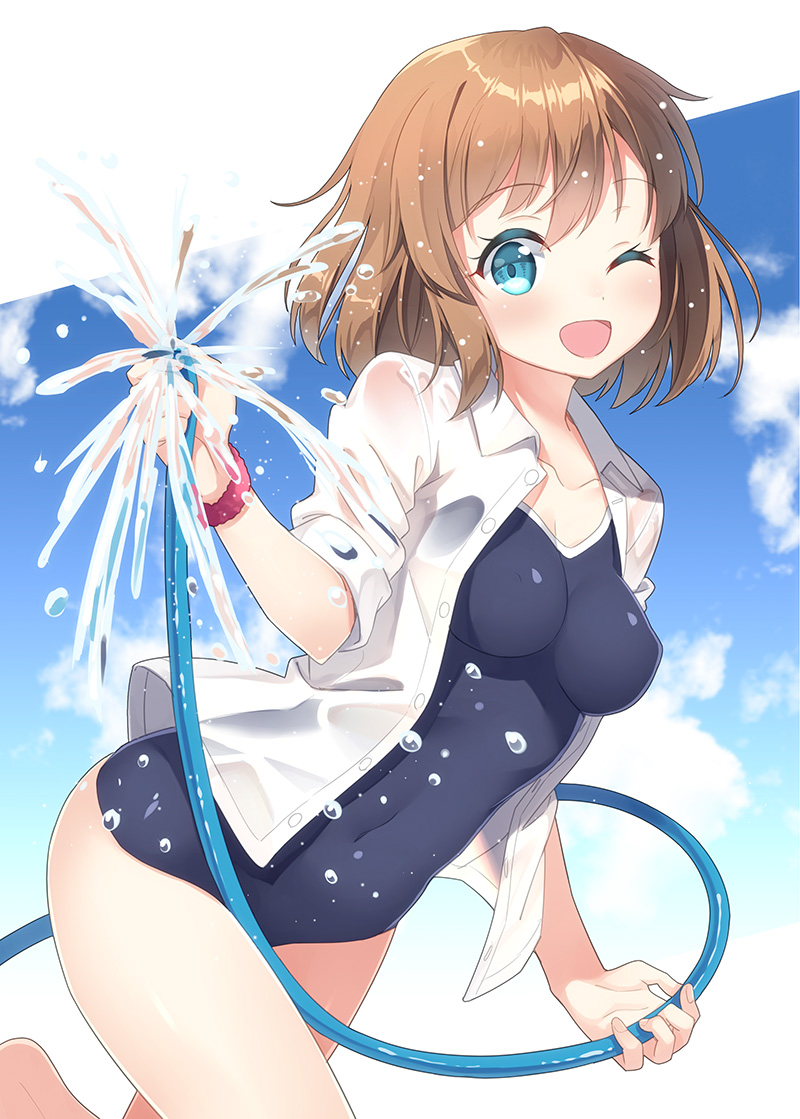 1girl blue_eyes breasts brown_hair collarbone covered_navel hyuuga_azuri looking_at_viewer one-piece_swimsuit one_eye_closed open_clothes open_mouth open_shirt original shirt short_hair smile swimsuit water water_pipe wet wet_clothes wrist_scrunchie