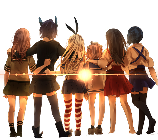 akagi_(kantai_collection) anthropomorphization back brown_hair female group kaga_(kantai_collection) kantai_collection kurorofoo long_hair medium_hair multicolored_legwear ooi_(kantai_collection) shimakaze_(kantai_collection) short_hair side_ponytail striped striped_legwear striped_print tenryuu_(kantai_collection) thigh-highs yukikaze_(kantai_collection) zettai_ryouiki