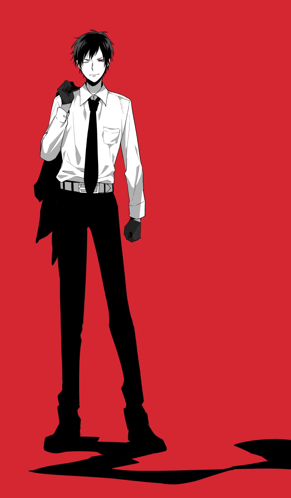 black_hair chonnbo durarara!! formal full_body gloves high_resolution looking_at_viewer male necktie one_eye_closed orihara_izaya red_background red_eyes short_hair simple_background solo suit wink