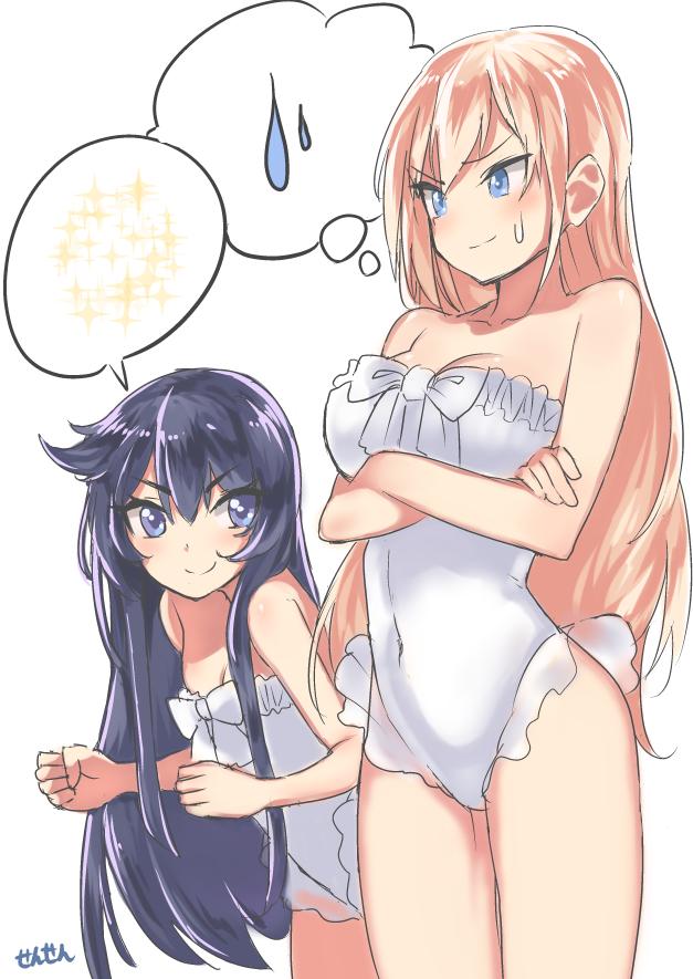 &gt;:) 2girls akatsuki_(kantai_collection) artist_name bare_shoulders bismarck_(kantai_collection) blonde_hair blue_eyes blue_hair breast_rest breasts commentary_request crossed_arms kantai_collection leaning leaning_forward long_hair looking_at_viewer multiple_girls one-piece_swimsuit ribbon sensen smile sparkle spoken_sparkle spoken_sweatdrop sweatdrop swimsuit thought_bubble translation_request white_background white_swimsuit