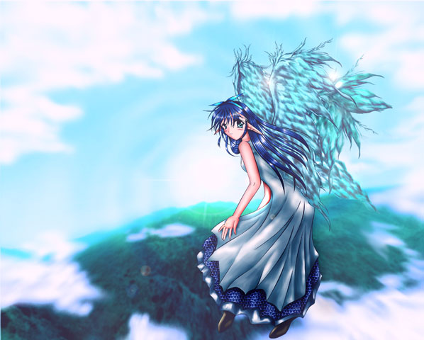 5:4_aspect_ratio blue_eyes blue_hair dress flying hairband long_hair pointed_ears sky wings