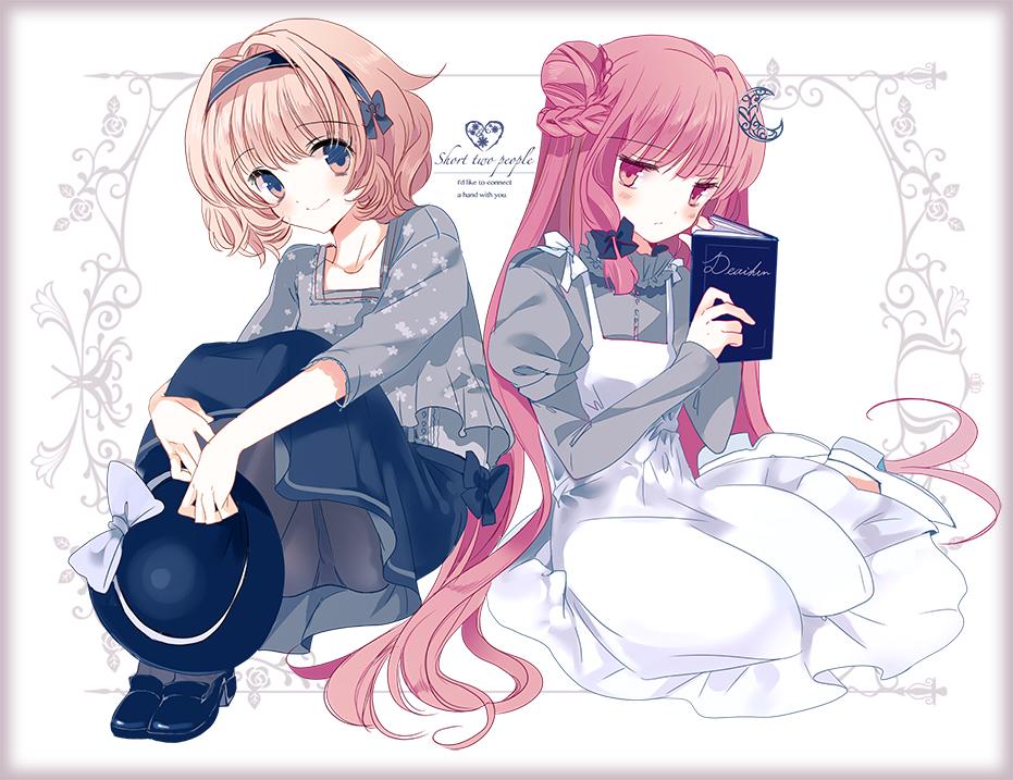 2girls alice_margatroid alternate_costume alternate_hairstyle blonde_hair border bow braid cierra_(ra-bit) crescent_hair_ornament dress floral_print hair_bow hair_bun hair_ornament hairband hat hat_removed hat_ribbon headwear_removed long_hair long_sleeves looking_at_viewer multiple_girls pantyhose patchouli_knowledge puffy_sleeves purple_hair ribbon shirt shoes short_hair sitting skirt smile text touhou very_long_hair white_background