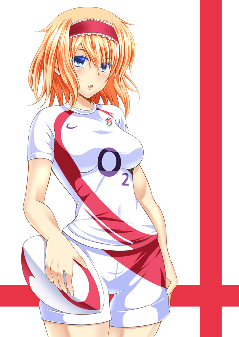 1girl alice_margatroid ball blonde_hair blue_eyes blush breasts hairband looking_at_viewer rugby rugby_ball rugby_uniform shirt short_hair shorts solo sportswear takamichis211 touhou