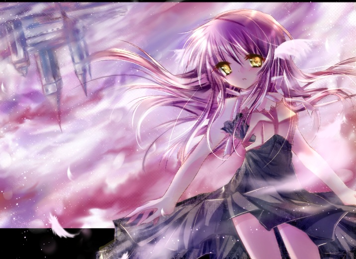 feathers ichiyou_moka long_hair purple_hair skirt wings yellow_eyes